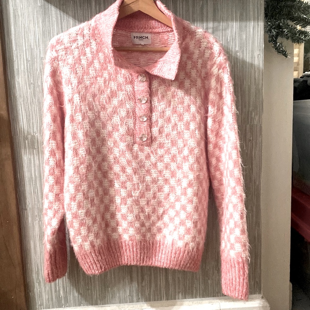 FRNCH Pink collared Sweater with Geometric Pattern